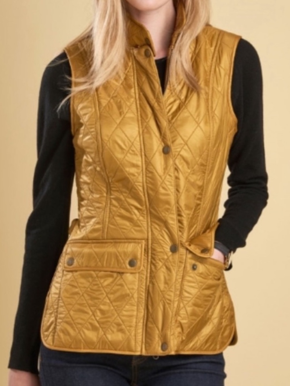 BARBOUR wray gilet quilted vest fleece lined mustard yellow gold size US 8